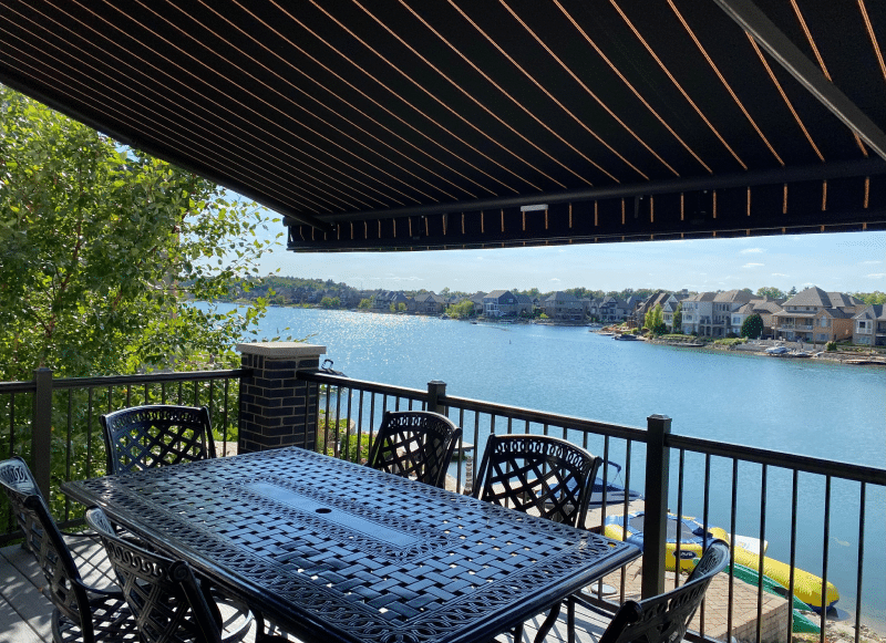 Retractable awning looking over Massachusetts lake