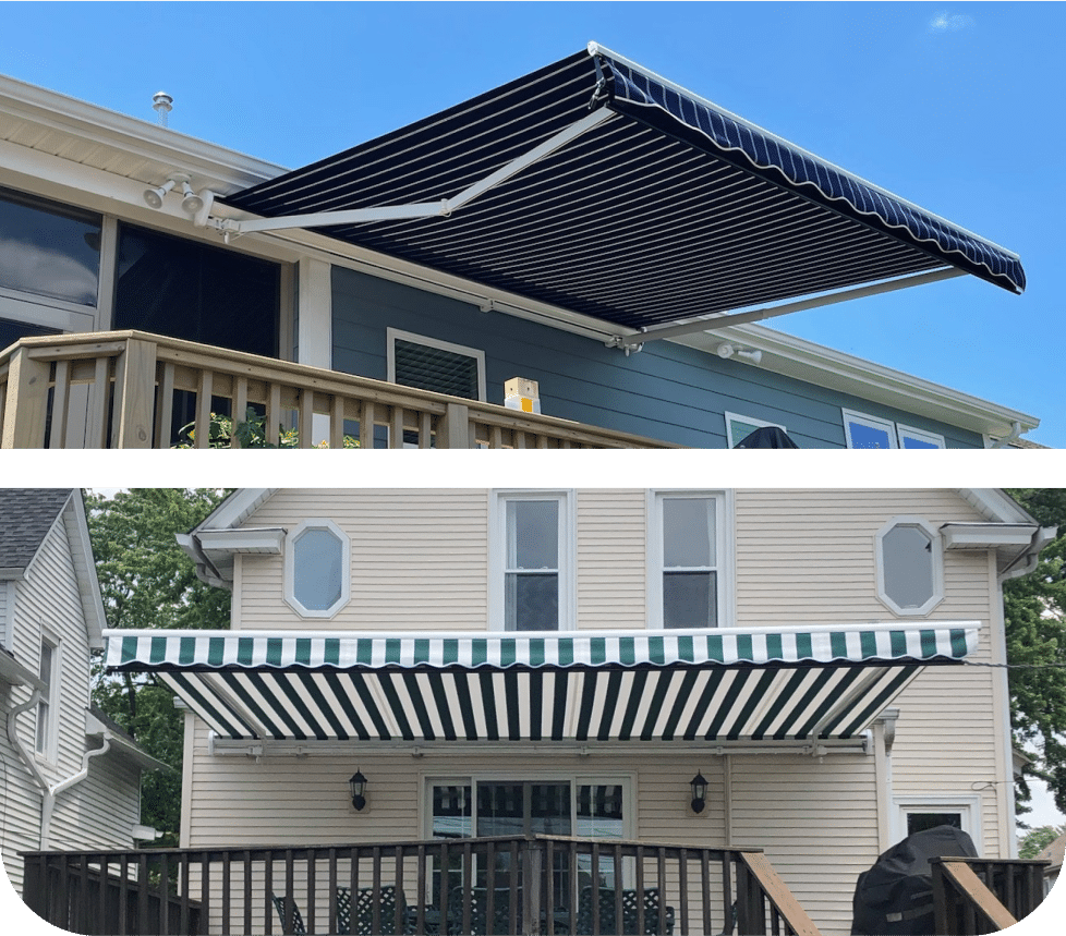 photo collage of retractable awnings over decks