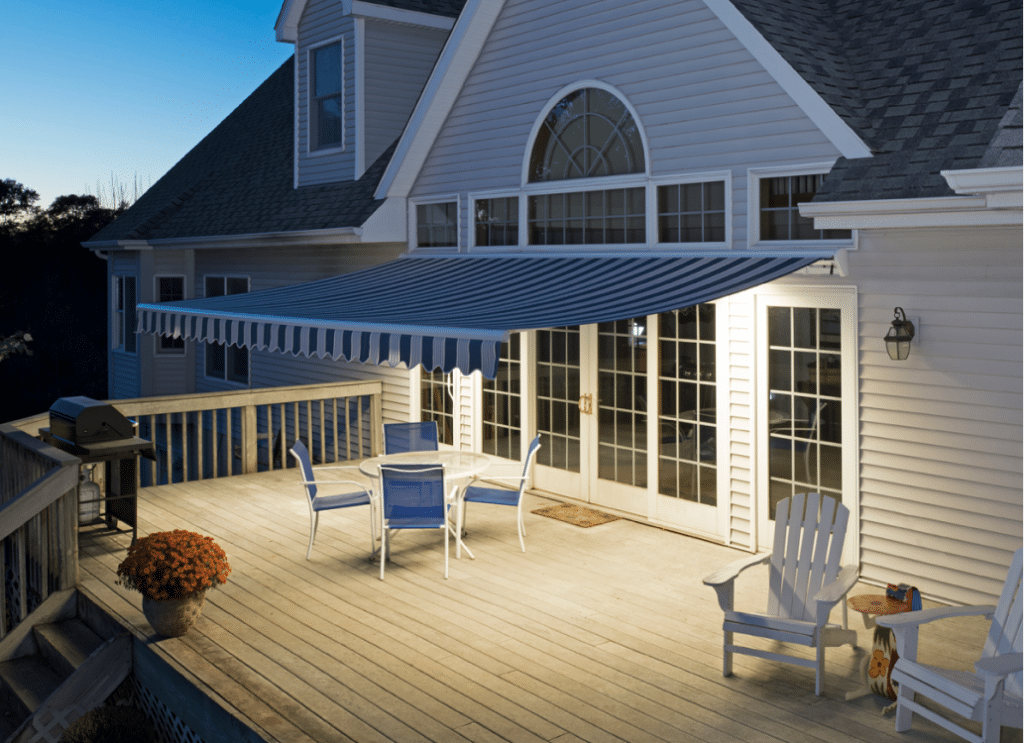 LED lights on awning illuminating deck