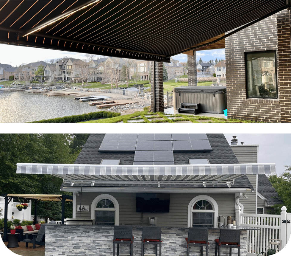 photo collage showing awnings fully retracted out with wind sensors in case of bad weather