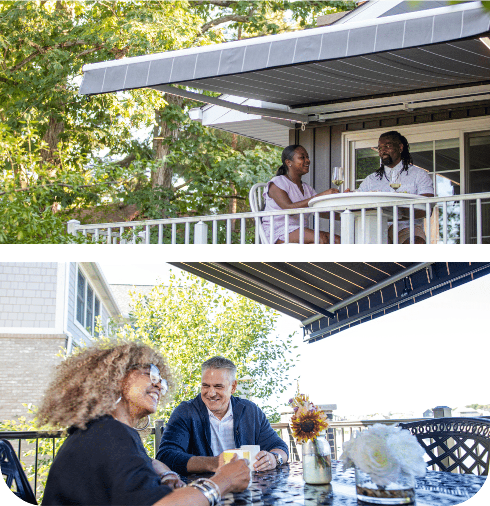 Photo collage showcasing Marygrove retractable awning fabrics