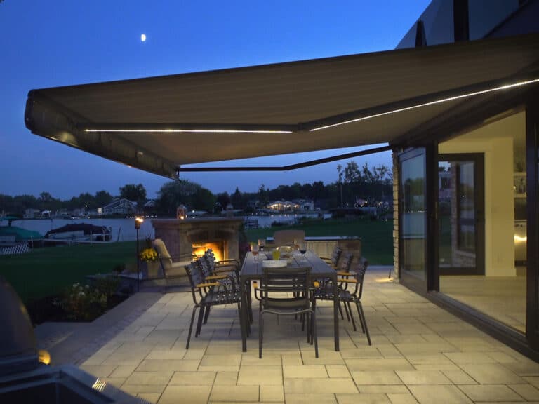 LED lights on awning illuminating deck