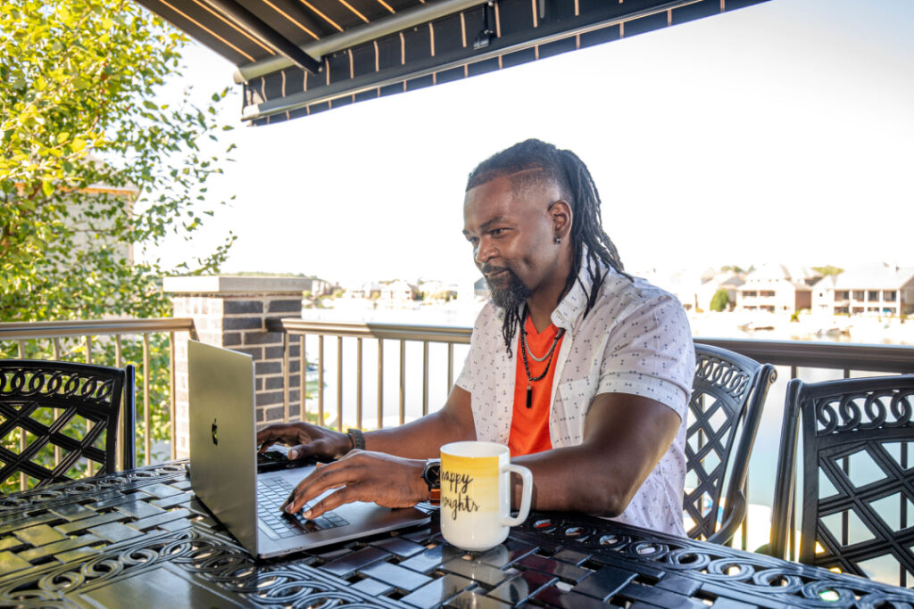 Work from home under a retractable awning