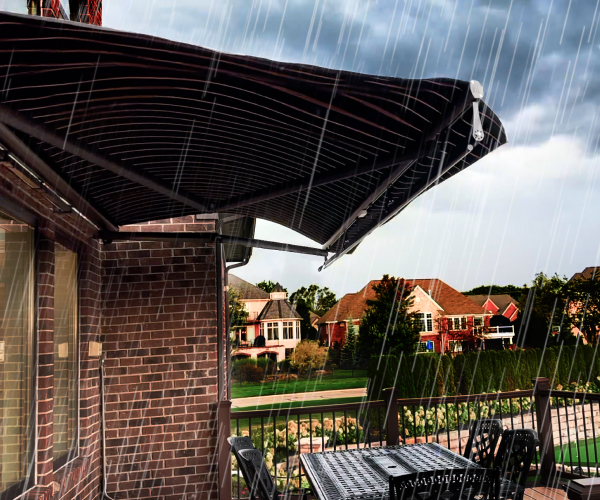 rRtractable awning withstanding a wind and rain storm.