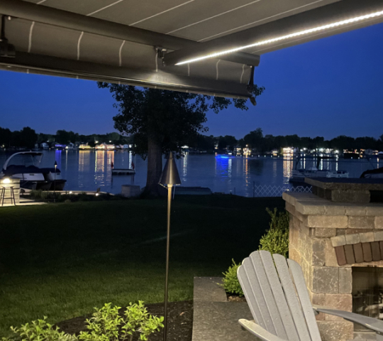 Led Lights on an awning overlooking a lake