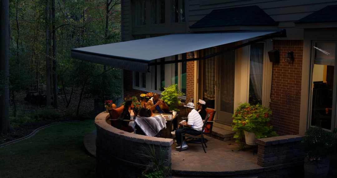 awning at sunset with LED lights on