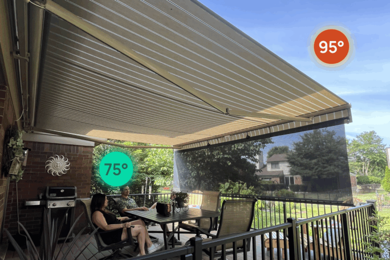 Graphic showing the temperature difference under a Marygrove Awning