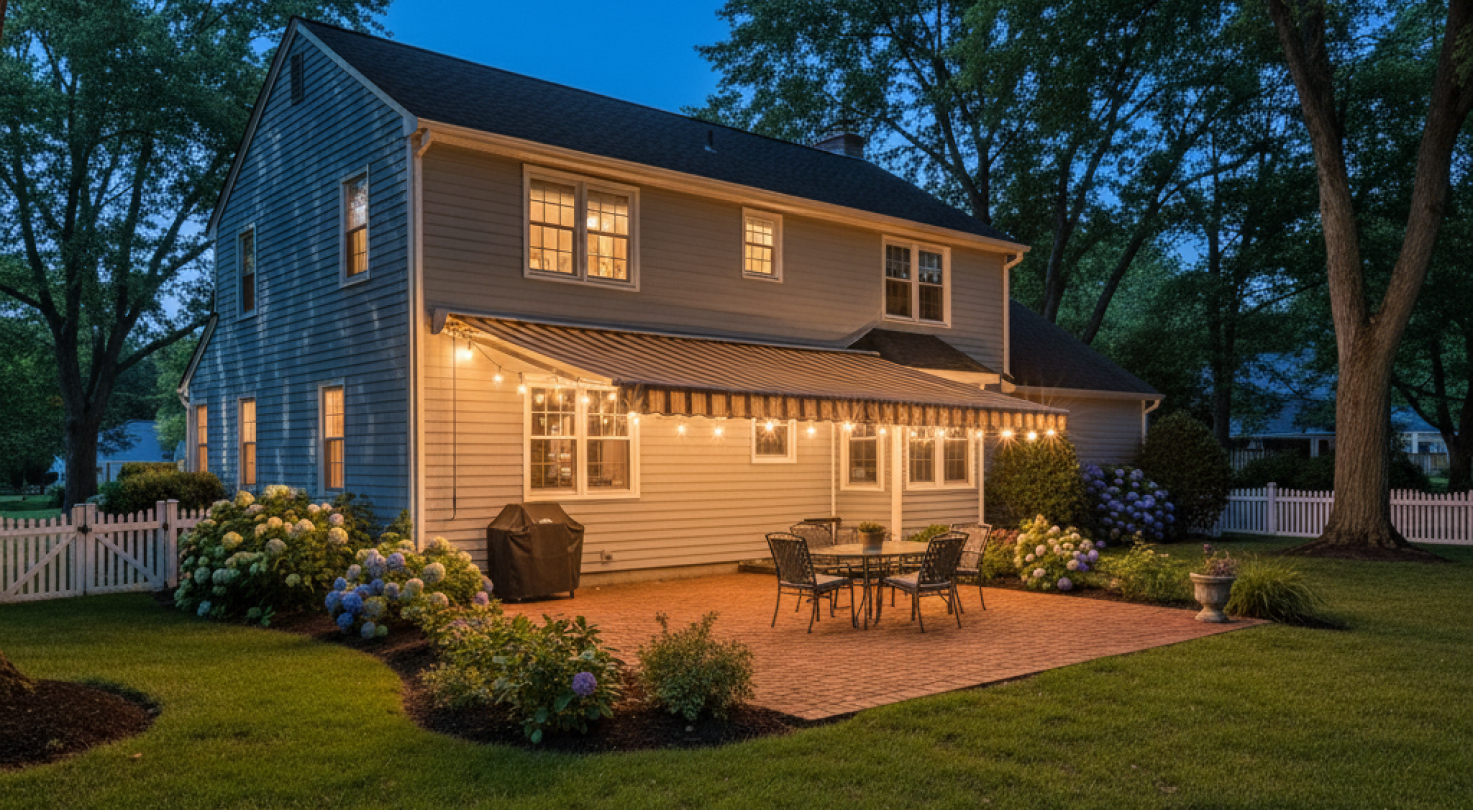 patio with retractable awning after image at night with LED Lights