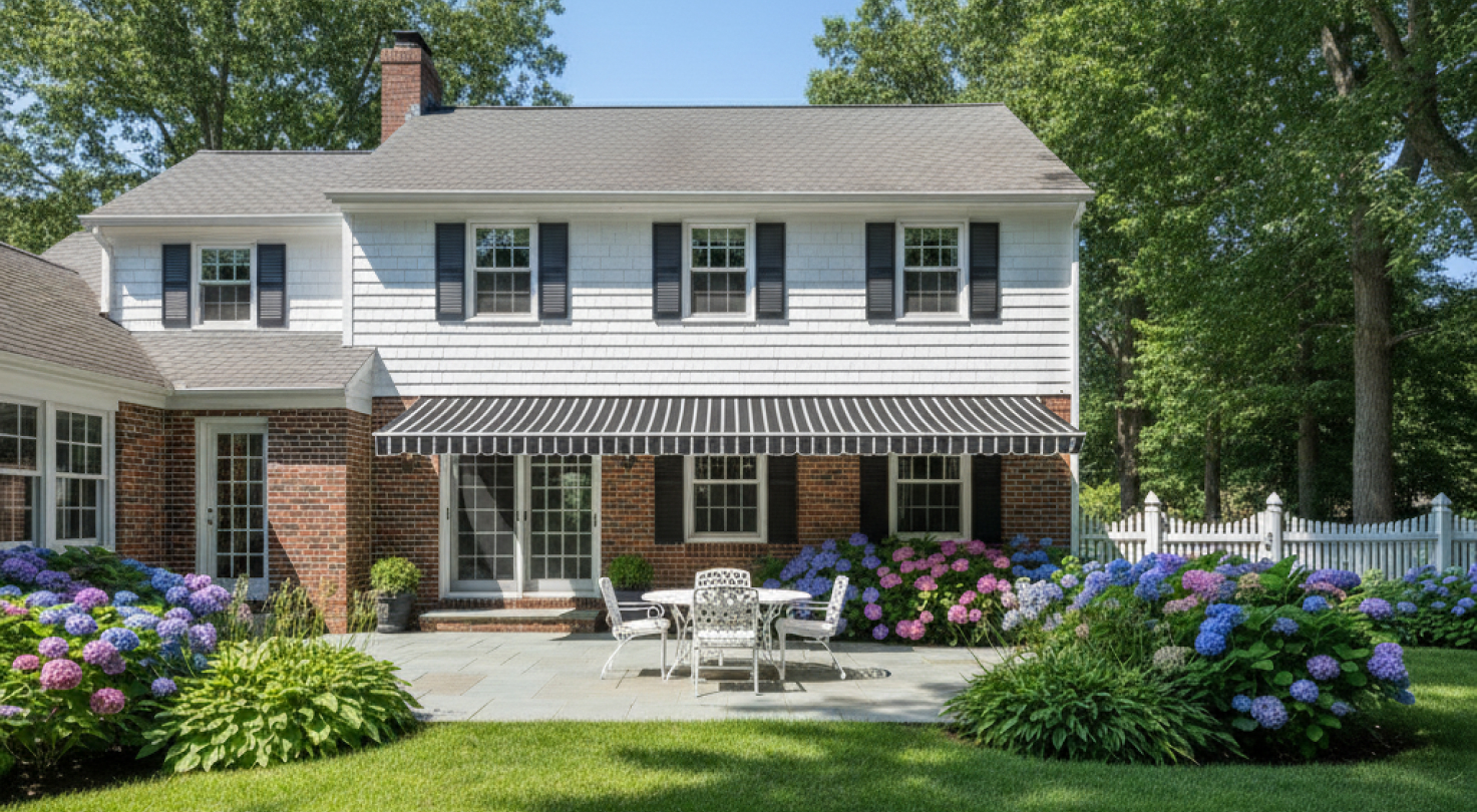 back patio with retractable awning and visible shade after image