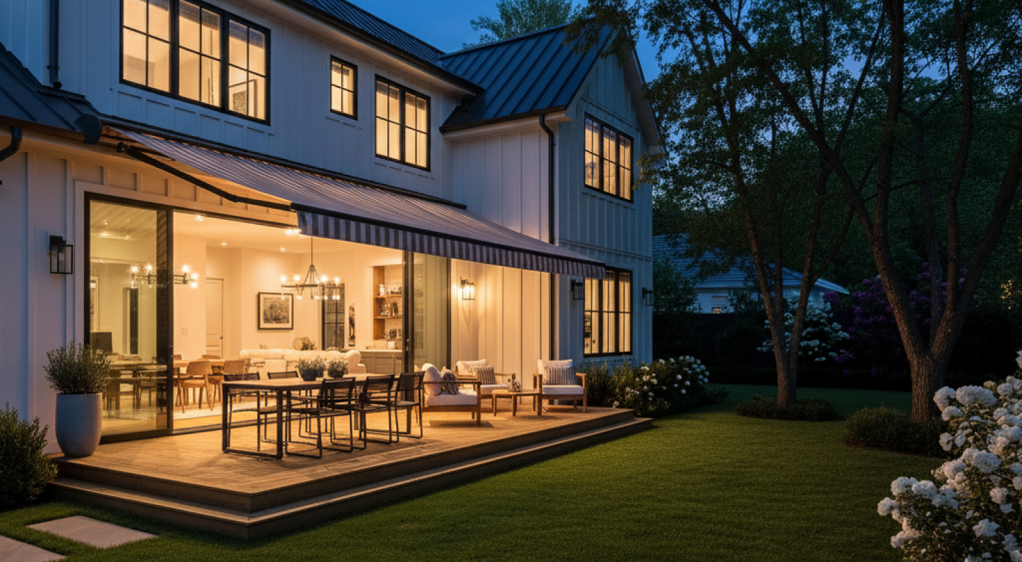 high end home after photo with awning added over porch