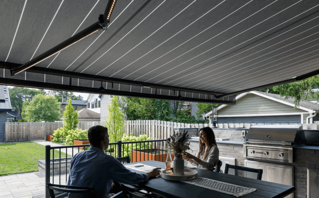 couple enjoying brunch under a Marygrove awning in Lancaster PA