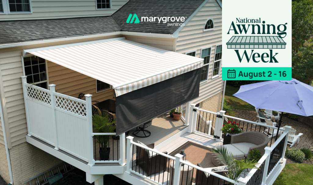 Marygrove retractable awning installed over a deck, with outdoor seating and a National Awning Week banner