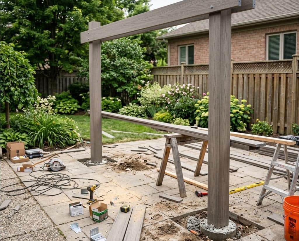 Unfinished wood pergola frame on a backyard patio with tools, sawhorses, and torn-up pavers