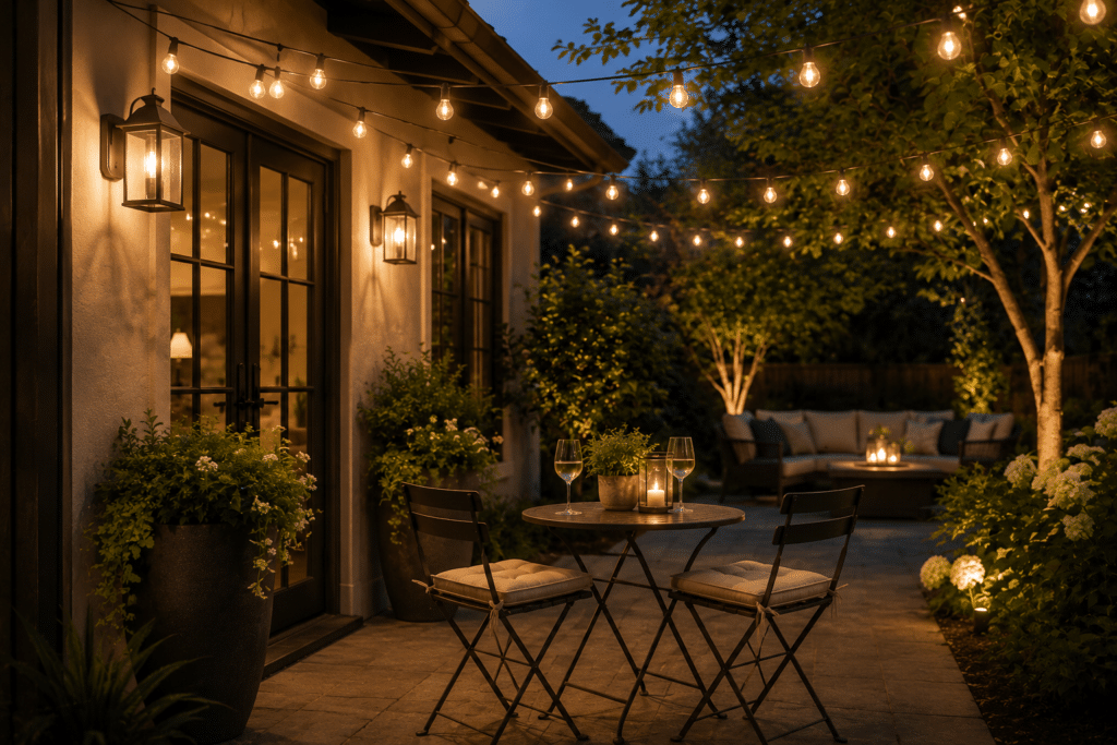 backyard patio illuminated with decorative string lights