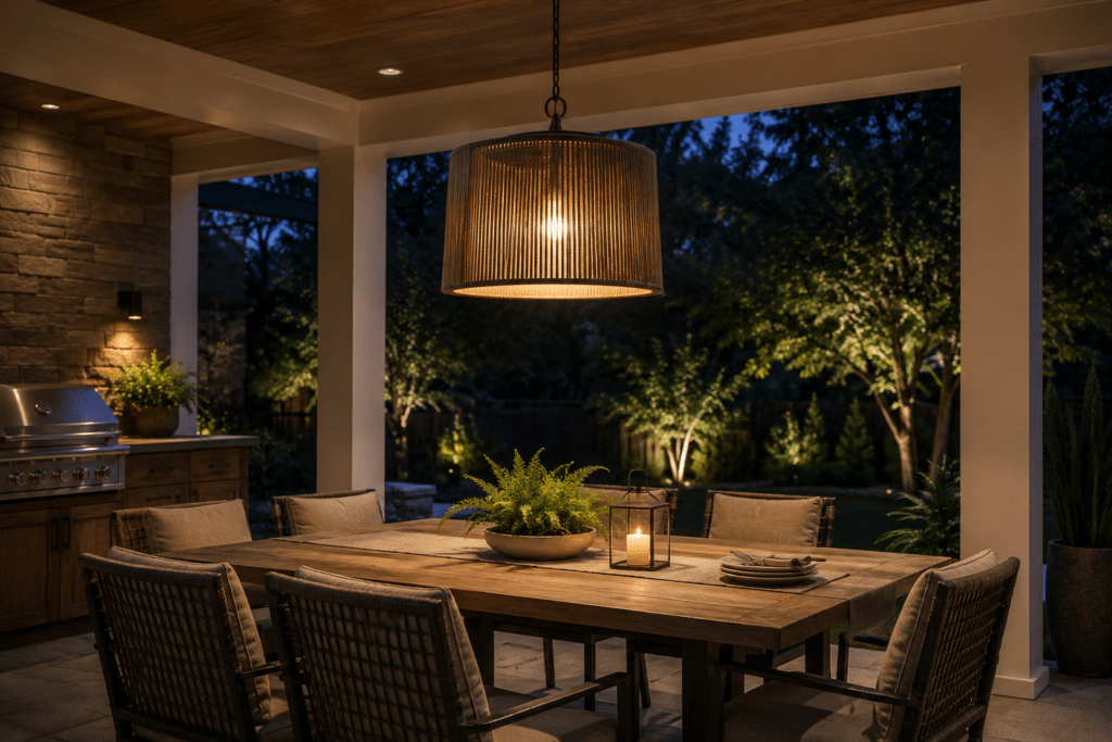 covered patio with warm ambient outdoor lighting