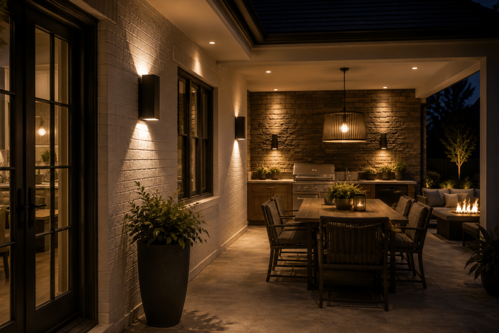 luxury covered patio with warm outdoor lighting