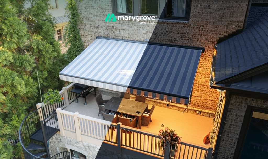 Marygrove retractable awning shading a residential deck and outdoor dining area.