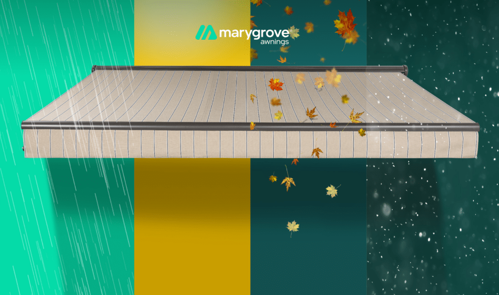 Marygrove retractable awning shown against four seasonal weather conditions: rain, sunshine, falling leaves, and snow.