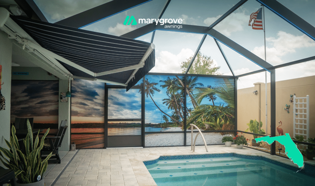 Retractable awning providing shade over a screened-in Florida pool and patio.