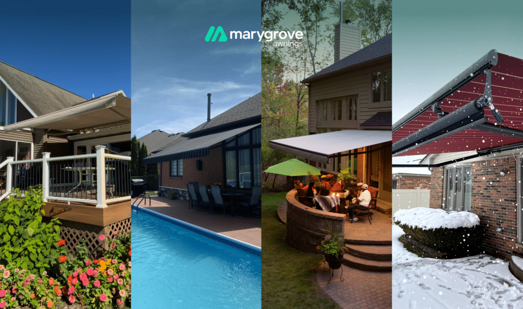 Marygrove awnings shown across spring, summer, fall, and winter outdoor settings.